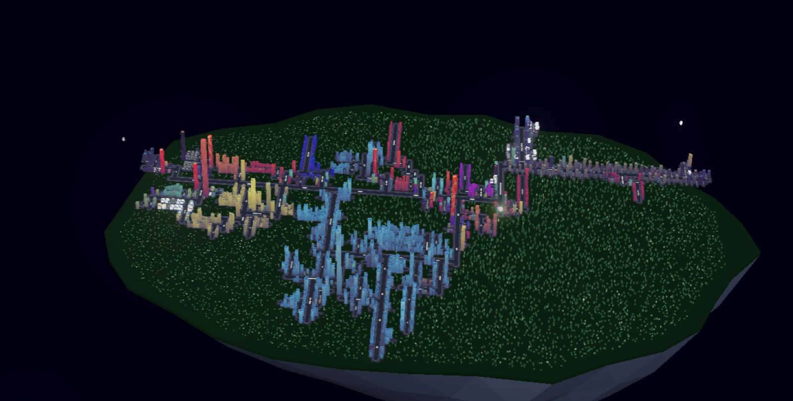Colorful city districts sitting on a dark green floating island with a rocky underside, against a black sky