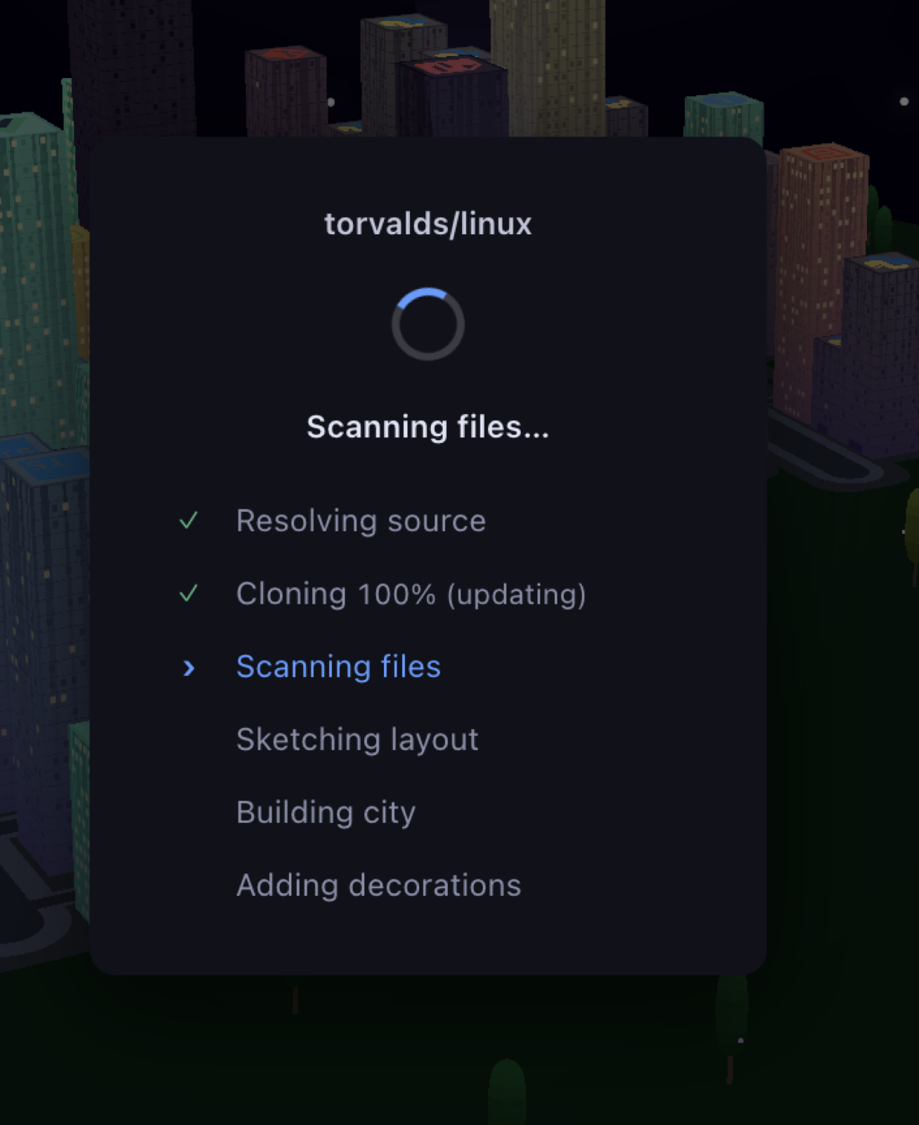 Loading panel over a dark city reading torvalds/linux, Scanning files, with resolving source and cloning already ticked