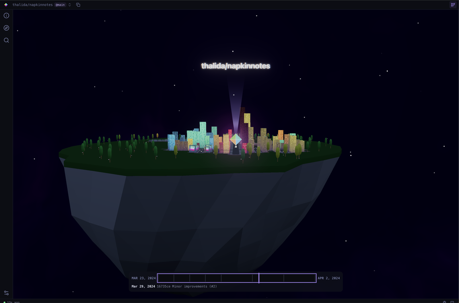 codecity showing a floating island city with a timeline scrubber along the bottom, resting on a commit from March 2024