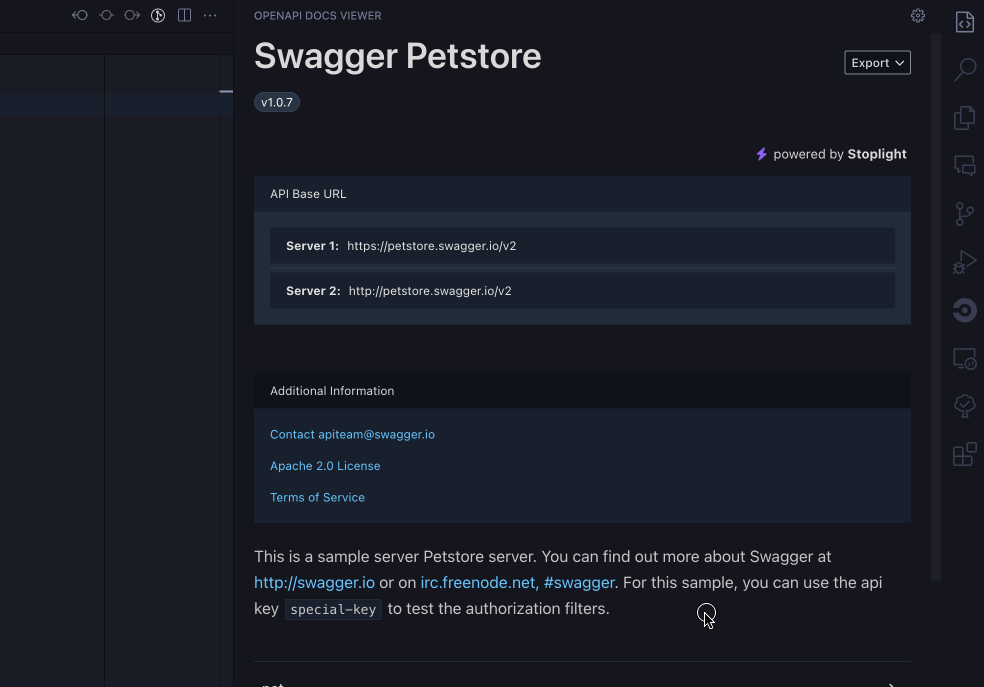 Overview demo of OpenAPI Docs Viewer showing schema URL input, renderer switching, and theme toggling
